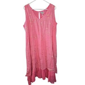 White Waves Pink Cotton Gold Foil Fish Print Ruffle Hem Dress Womens L/XL NEW